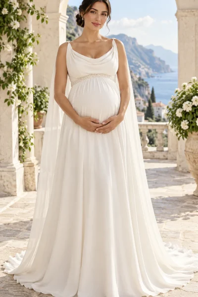 abito da sposa premaman, vestito da sposa premaman, abito sposa scollo drappeggiato, abito premaman chiffon, abito sposa cintura gioiello, abito sposa stile impero, abito da sposa gravidanza, abito sposa schiena a V, abito sposa elegante, abito premaman romantico, abito sposa con strascico, abito sposa fluido, abito premaman matrimonio civile, abito sposa con spalline
