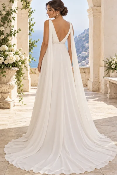 Vista posteriore dell'abito da sposa premaman con schiena a V, cintura gioiello, lunghi veli sulle spalline e strascico.