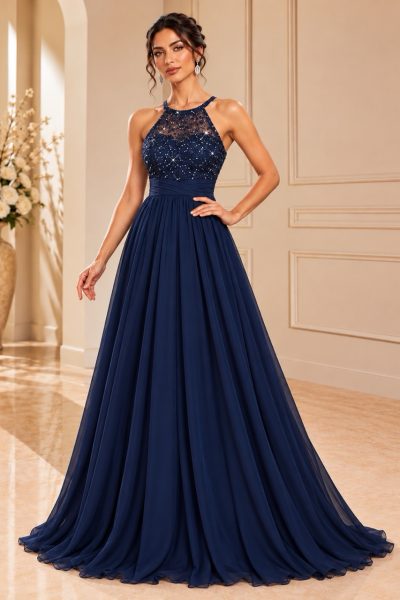 Abito da cerimonia blu notte con scollo all’americana e gonna lunga