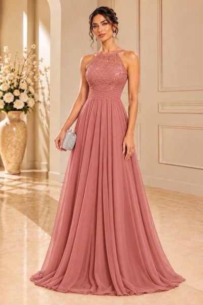 Abito rosa polvere scollo americana con corpetto luminoso e gonna lunga