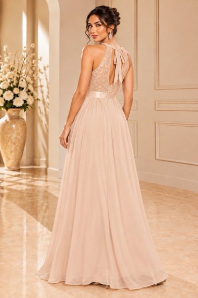 Abito champagne elegante con schiena aperta e fiocco posteriore