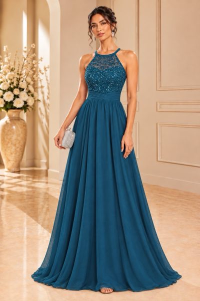 Abito da cerimonia ottanio con scollo all’americana e gonna lunga