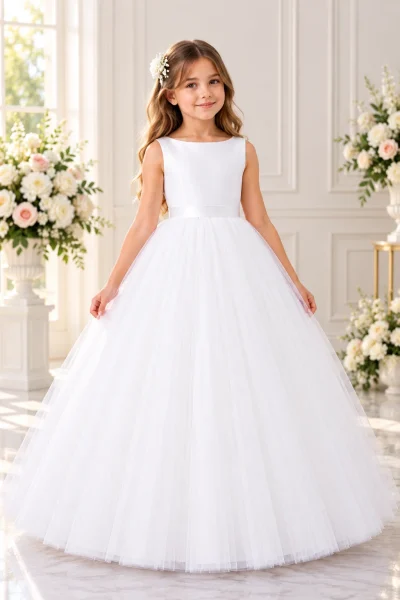 Abito Prima Comunione bambina bianco Sposatelier con corpetto liscio, scollo rotondo e gonna lunga ampia in tulle.