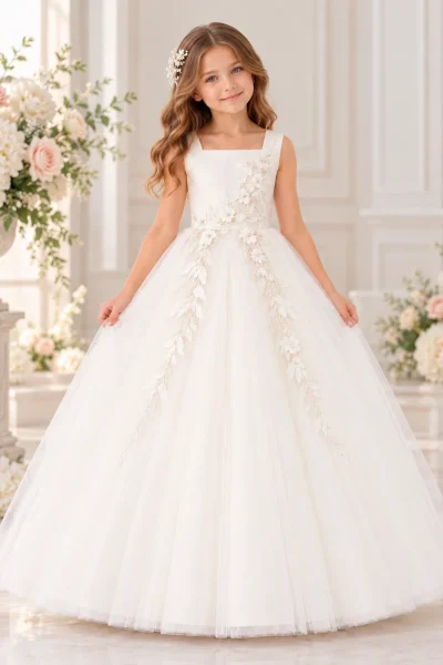 Abito Prima Comunione bambina avorio con applicazioni floreali 3D sul corpetto e gonna lunga ampia in tulle.