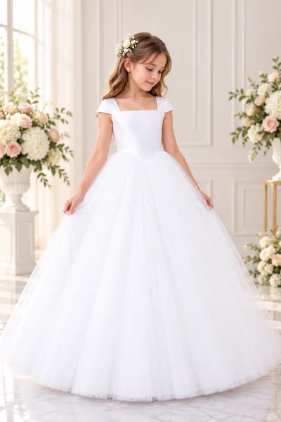 Abito Prima Comunione bambina bianco con scollo quadrato, maniche corte, punto vita a V e gonna lunga in tulle.