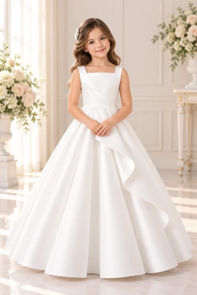 Abito Prima Comunione bambina bianco con scollo quadrato, corpetto geometrico e gonna lunga ampia con drappeggio a cascata.