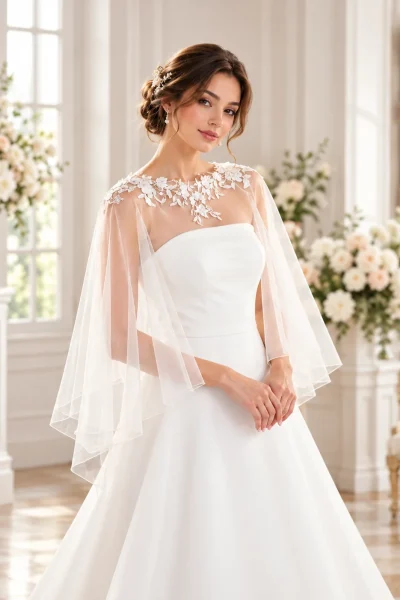 ## Mantellina coprispalle sposa in tulle e pizzo floreale Elegante, romantica e leggera, questa **mantellina sposa in tulle e pizzo floreale** è pensata per completare l'abito nuziale con un accessorio raffinato e femminile. Il modello si distingue per il tulle trasparente che avvolge delicatamente le spalle e scende lungo le braccia, creando un effetto morbido e fluido. Le applicazioni floreali in pizzo impreziosiscono lo scollo e la parte superiore della mantellina, valorizzando il décolleté e aggiungendo un dettaglio ricercato al look della sposa. ### Caratteristiche della mantellina da sposa - **Modello:** mantellina coprispalle da sposa - **Tessuto:** tulle leggero e trasparente - **Decorazione:** applicazioni floreali in pizzo - **Linea:** morbida e fluida - **Copertura:** spalle e braccia - **Stile:** romantico, raffinato ed elegante ### Coprispalle sposa trasparente per abiti senza spalline Questa mantellina in tulle è particolarmente indicata per completare abiti da sposa senza spalline, con corpetto a bustier o dalle linee minimal. La trasparenza del tessuto permette di lasciare visibili i dettagli dell'abito, mentre il pizzo floreale valorizza delicatamente le spalle. ### Mantellina da sposa in pizzo per la cerimonia Il coprispalle in tulle trasparente è una soluzione raffinata per le spose che desiderano coprire leggermente le spalle durante la cerimonia. Il suo design dona movimento ed eleganza alla silhouette senza appesantire il look nuziale. ### Acquista la mantellina coprispalle sposa su Sposatelier Completa il tuo abito da sposa con una mantellina in tulle e pizzo floreale, un accessorio romantico che unisce leggerezza ed eleganza. Scopri il modello su Sposatelier e verifica colori, misure e disponibilità prima dell'acquisto.