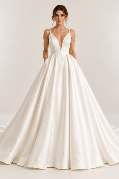 Abito da sposa principesco minimal chic avorio con scollo a V profondo, corpetto sagomato, tasche laterali e ampia gonna con pieghe.