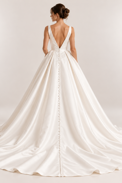 Vista posteriore abito da sposa principesco avorio con schiena scoperta a V, gonna ampia con pieghe e lunga fila di bottoncini fino allo strascico.