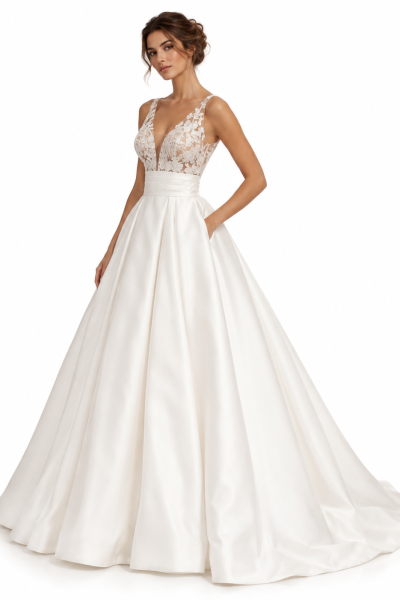 Abito da sposa principesco in mikado con corpino in pizzo ricamato, scollatura a V, fascia alta in vita e gonna ampia a ruota