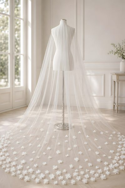Velo da sposa esclusivo lunghezza cattedrale avorio con fiori 3D in tulle