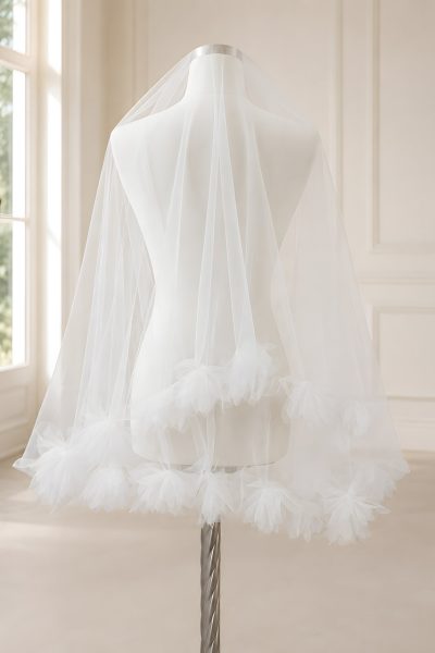 Velo da sposa couture con fiori 3D e calata 65/80 cm