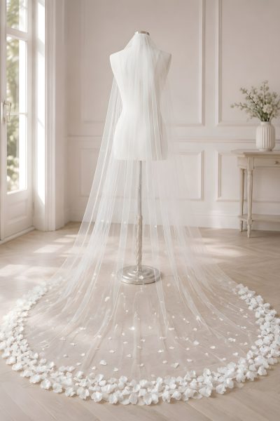 Velo da sposa scenografico a cattedrale con fiori 3D lungo 350 cm