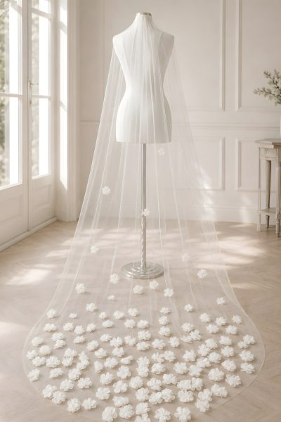 Velo da sposa lungo con fiori 3D in tulle avorio 270 cm