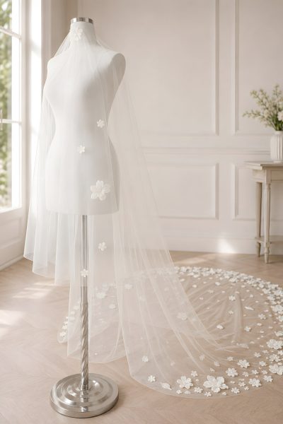 Dettaglio dei fiori 3D sul velo da sposa a cattedrale in tulle avorio