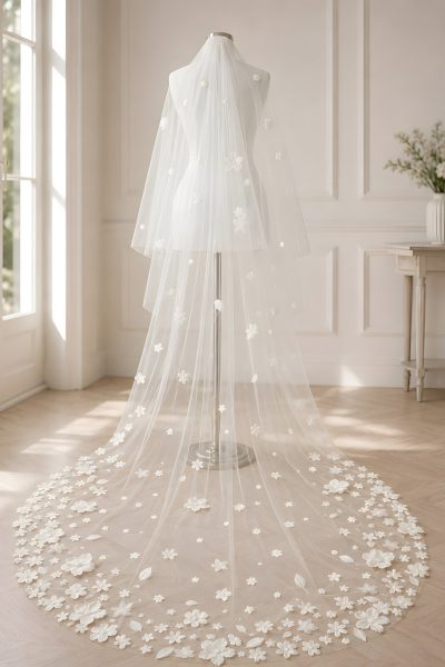 Velo da sposa floreale 3D a cattedrale con calata in tulle avorio