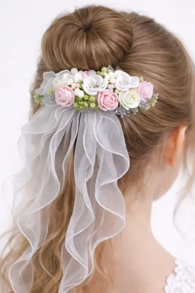 Acconciatura bambina con chignon decorato da fermaglio di fiori rosa e bianchi e velo in tulle a cascata.