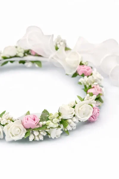 Coroncina di fiori per bambina in organza bianca per acconciatura da cerimonia.