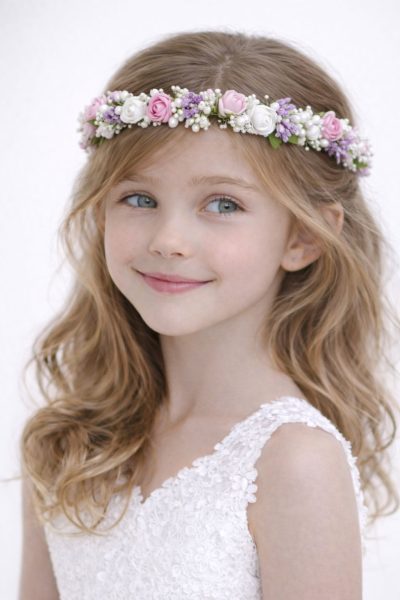 Coroncina per capelli bambina con mix di fiori rosa, bianchi e lilla, arricchita da perline e foglie verdi per cerimonia.