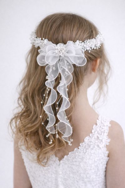 Vista posteriore di una bambina con capelli mossi che indossa la coroncina da cerimonia W 432 con grande fiocco in organza e fili di perle pendenti.