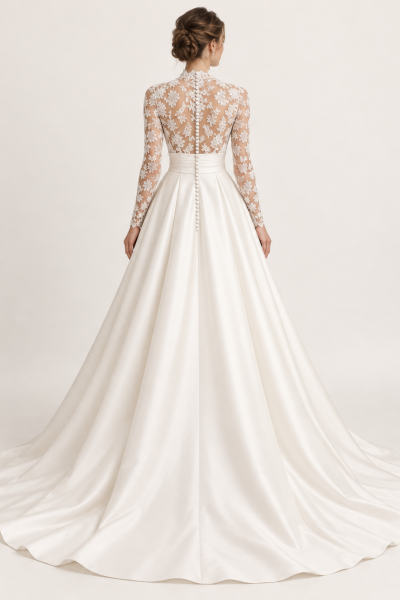 Retro abito da sposa 2027 con schiena trasparente in pizzo floreale, bottoncini rivestiti, maniche lunghe e gonna principesca con strascico.