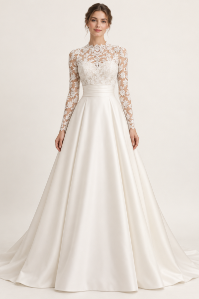 Abito da sposa 2027 principesco avorio con corpetto in pizzo floreale, collo alto, maniche lunghe trasparenti e ampia gonna satinata.
