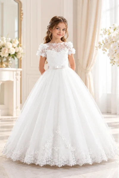 Abito da cerimonia bambina avorio stile principessa con fiori 3D sulle spalle, corpetto in pizzo floreale e gonna ampia in tulle ricamato.