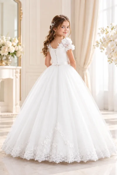 Vista posteriore dell'abito da cerimonia bambina avorio con fiori 3D sulle spalle, corpetto ricamato e gonna voluminosa in tulle con orlo in pizzo.