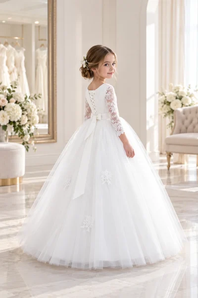 Abito da cerimonia bambina bianco con gonna in tulle e dettaglio posteriore con fiocco vista retro