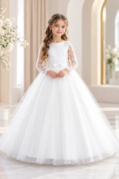 Elegante abito da cerimonia bambina bianco con gonna voluminosa in tulle e delicate maniche in pizzo.