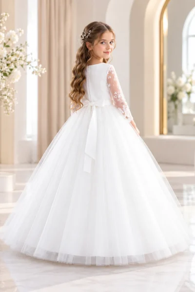 Dettaglio posteriore dell'abito da cerimonia bambina con fiocco decorativo e gonna ampia in tulle bianco.