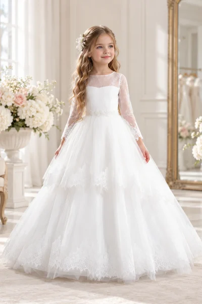 Bambina con abito da cerimonia stile principessa, maniche lunghe in pizzo e ampia gonna in tulle con ricami floreali, vista frontale.