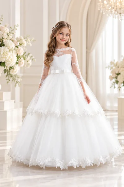 Abito da cerimonia bambina bianco con gonna ampia in tulle a balze, corpetto in pizzo floreale e maniche trasparenti.