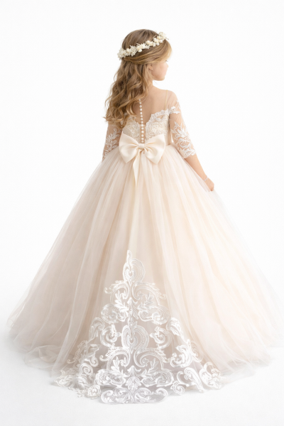 retro abito prima comunione bambina con fiocco grande e ricamo sul fondo