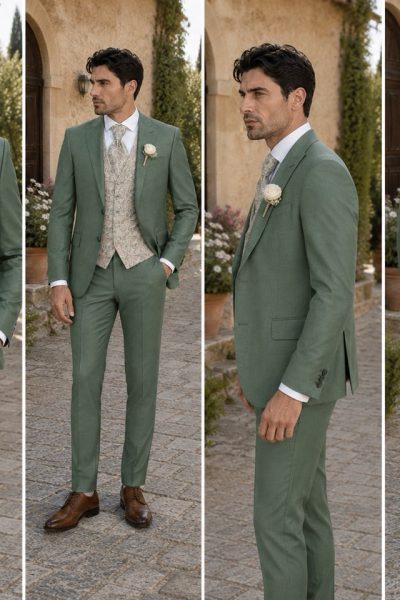 Abito da cerimonia uomo verde salvia con gilet e cravatta paisley beige in shooting fotografico con vista frontale, laterale e posteriore
