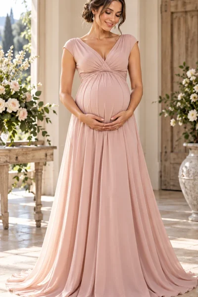 Abito premaman elegante rosa cipria lungo con scollo a V incrociato, corpetto drappeggiato e vita impero, vista frontale