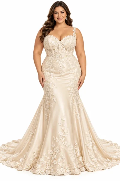 Abito da sposa champagne curvy a sirena con scollo a cuore, spalline floreali e corpetto in pizzo ricamato.