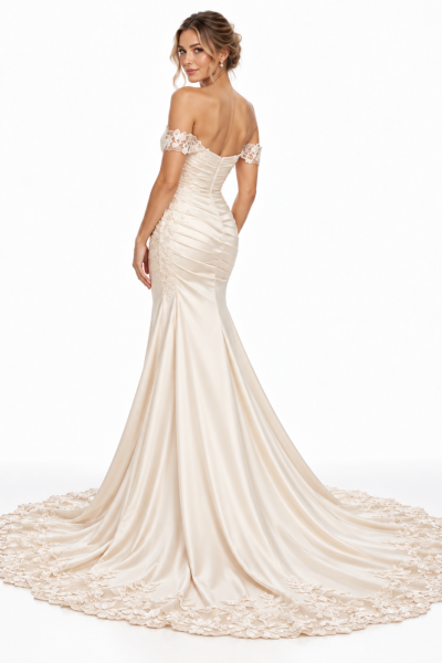Vista posteriore dell'abito da sposa champagne a sirena con schiena scoperta, gonna satinata e ampio strascico bordato in pizzo floreale.