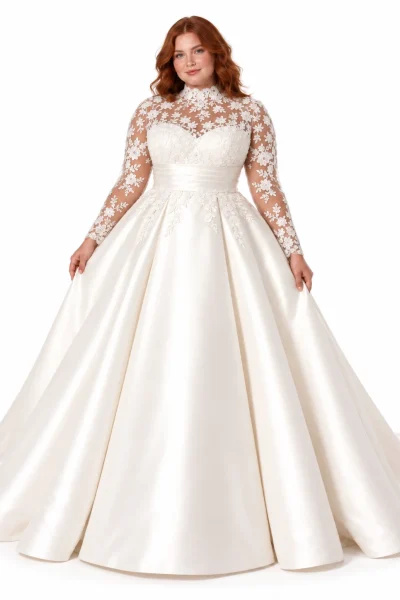 Abito da sposa curvy con maniche lunghe in pizzo floreale trasparente, collo alto ricamato, fascia in vita e ampia gonna principessa in raso avorio.