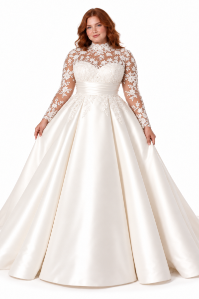 Abito da sposa curvy con maniche lunghe in pizzo floreale trasparente, collo alto ricamato, fascia in vita e ampia gonna principessa in raso avorio.