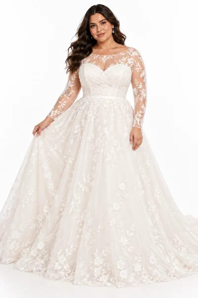 Abito da sposa curvy principessa con maniche lunghe in pizzo floreale, corpetto a cuore e gonna ampia in tulle avorio