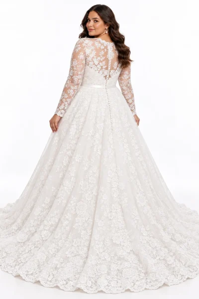 Vista posteriore di abito da sposa curvy in pizzo floreale con schiena trasparente, bottoncini decorativi e ampio strascico.