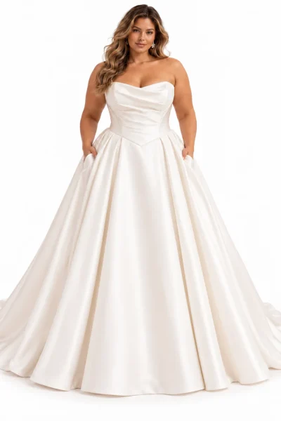 Abito da sposa curvy stile principessa in raso avorio, con scollatura a cuore senza spalline, corpetto drappeggiato, vita definita e ampia gonna con pieghe e tasche laterali.