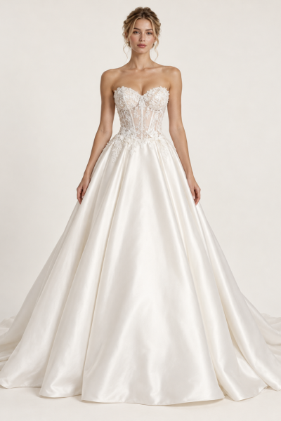 Abito da sposa principesco avorio visto frontalmente, con corsetto trasparente in pizzo floreale, scollo a cuore e ampia gonna lucida con strascico.