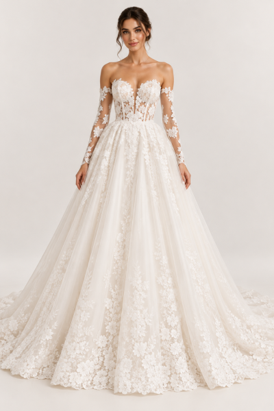 Abito da sposa principesco avorio con maniche lunghe in pizzo floreale, spalle scoperte, corsetto trasparente e ampia gonna ricamata.