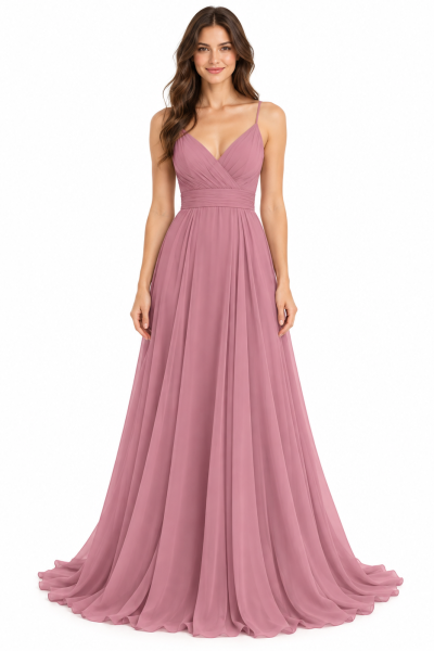 Abito da sposa rosa antico lungo con scollo a V incrociato, spalline sottili, corpetto drappeggiato e gonna fluida.