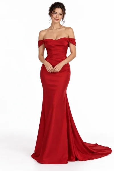 Elegante abito da sposa rosso a sirena con spalle scoperte, scollo a cuore e corpetto drappeggiato.