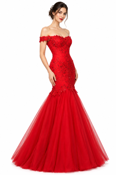 Abito da sposa rosso a sirena con pizzo floreale, spalle scoperte e gonna in tulle