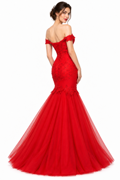 Retro abito da sposa rosso a sirena con allacciatura a corsetto e ampia gonna in tulle