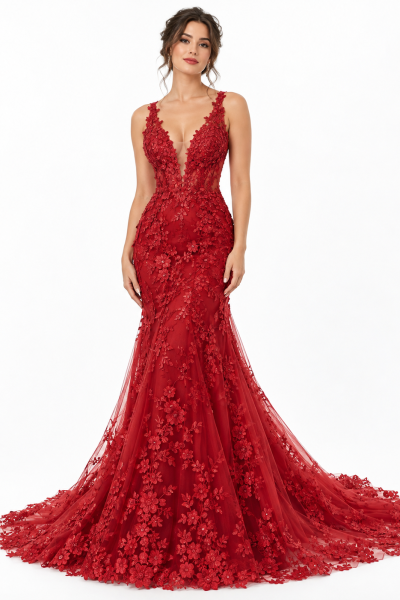 Abito da sposa rosso a sirena con profondo scollo a V, applicazioni in pizzo floreale e ampio strascico.